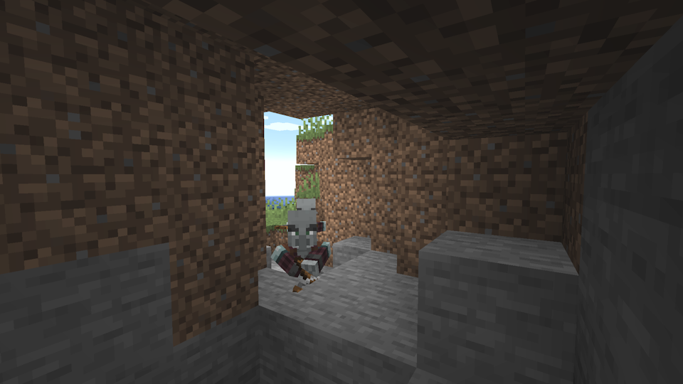 Two Pillagers attacking the player in a surface cave