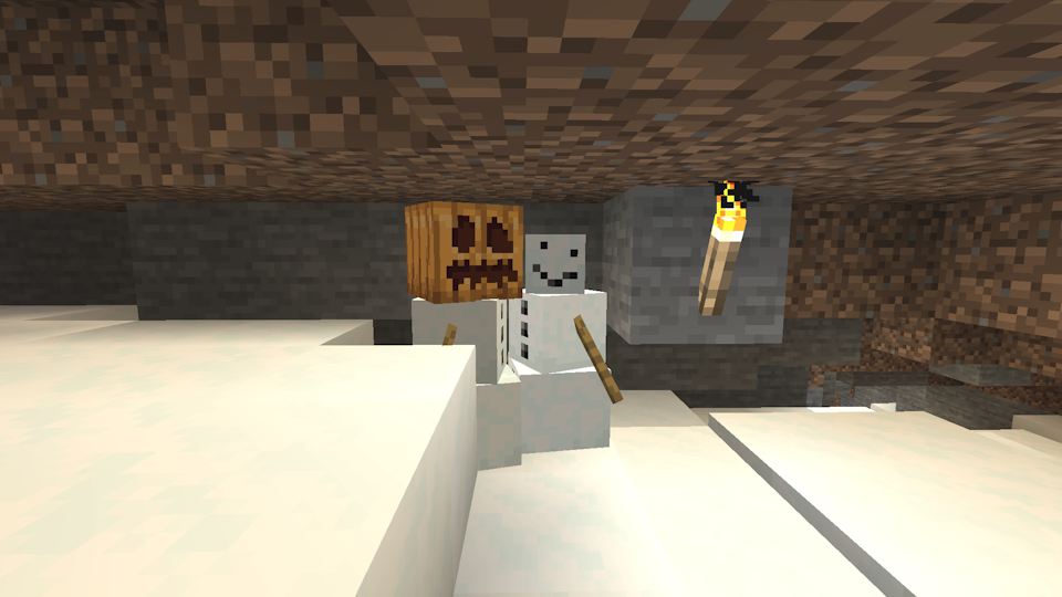 Two Snow Golems, one sheared, in a snowy cave