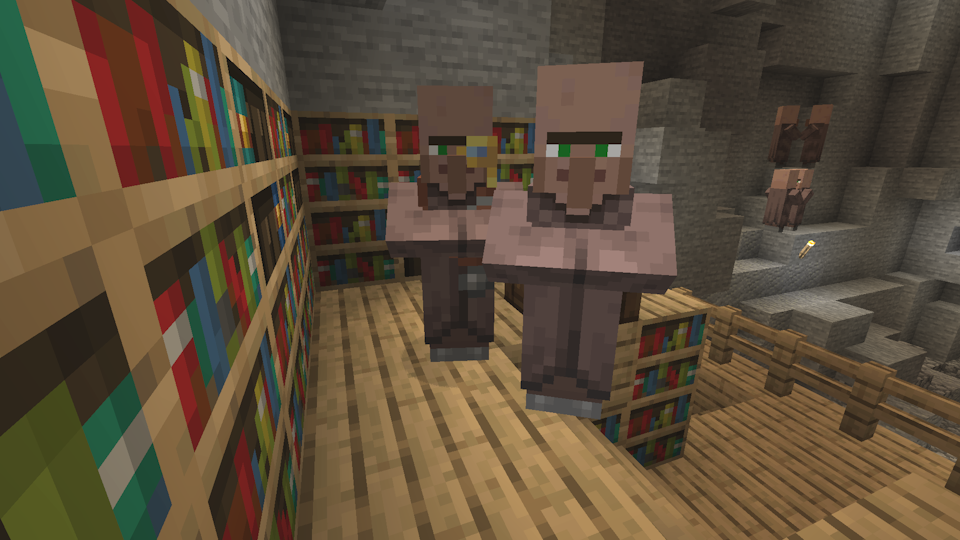 Two Villagers in a player-built library